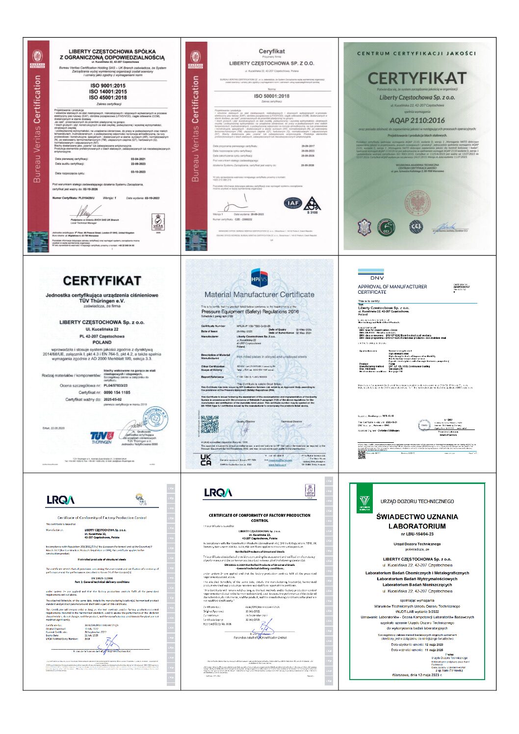 Komplet certyfikatów niezbędnych do produkcji